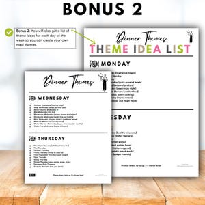 Op de afbeelding: Twee witte vellen papier met de tekst "Dinner Themes" en "Theme Idea List" in zwart schrift. De lijsten bevatten maaltijdidee&euml;n voor elke dag van de week, zoals "Wrap Wednesday" en "Throwback Thursday".