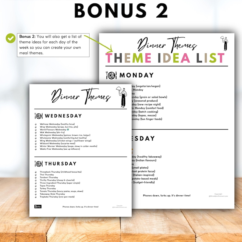 Op de afbeelding: Twee witte vellen papier met de tekst "Dinner Themes" en "Theme Idea List" in zwart schrift. De lijsten bevatten maaltijdidee&euml;n voor elke dag van de week, zoals "Wrap Wednesday" en "Throwback Thursday".