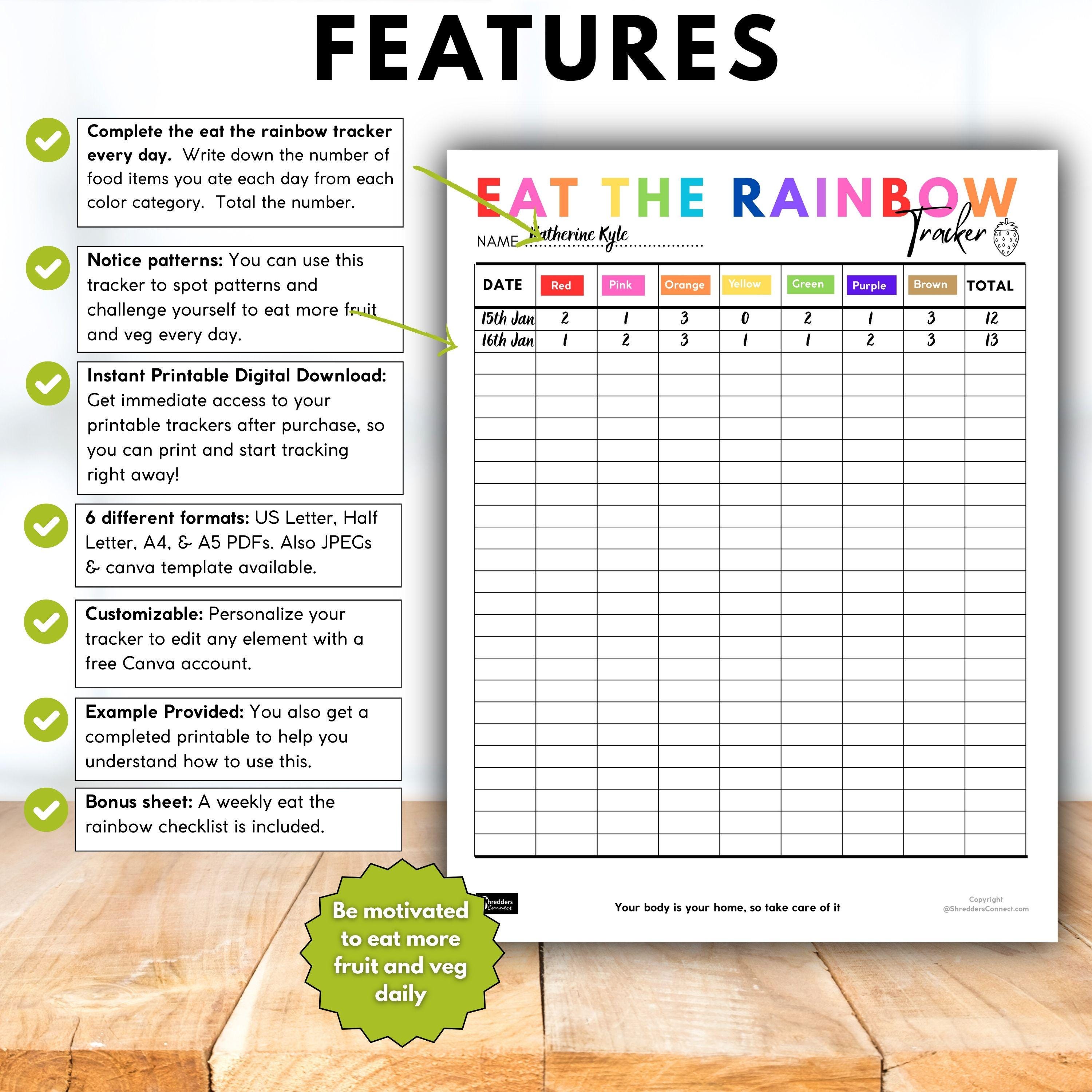 Eat the Rainbow Tracker, Printable Healthy Eating Chart, Nutrition ...