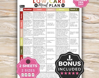 Low Carb Meal Plan Printable,  7 Day Low Carb Diet, 1200 Low Calorie Meal Plan, Low-Carb Diet Plan for Weight Loss, 35 Easy Low Carb Recipes