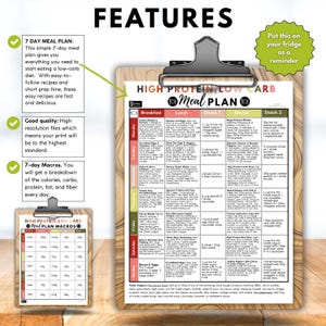May include: A wooden clipboard holds a printed 7-day high-protein, low-carb meal plan. The plan includes breakfast, lunch, snack, and dinner options, with a breakdown of macros. The text "FEATURES" is at the top.