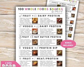 Lijst met gezonde snacks, ideeën voor snelle snacks, afdrukbare pdf-snacklijst, eiwitrijke, caloriearme snacks voor gewichtsverlies, lijst met hele voedingsmiddelen