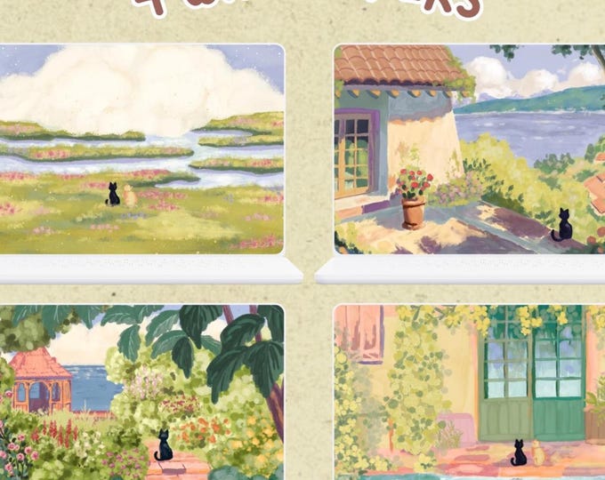 Featured listing image: Ghibli Inspired Wallpaper Set Cute Cats Whimsical Cottagecore Desktop Background 4K Digital Download Magical Landscape Anime Hand-Painted