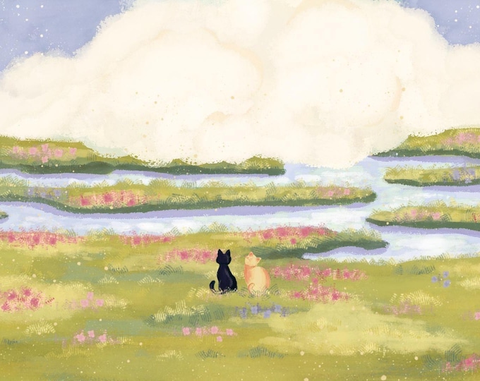 Featured listing image: Ghibli Inspired Cat Desktop Wallpaper Cozy Hand-Painted Pastel Cottagecore Lofi Aesthetic Digital Background Instant Download