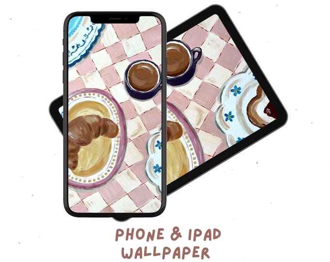 Featured listing image: Cozy Breakfast Phone or iPad Wallpaper Hand-Painted Acrylic Croissant Coffee Pink Checkered Aesthetic Cottagecore Lofi Digital Download