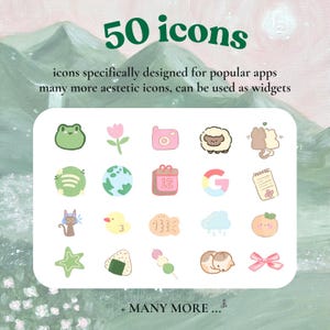 Op de afbeelding: Een digitale afbeelding met 50 esthetische pictogrammen voor populaire apps, ontworpen als widgets. De pictogrammen omvatten een kikker, een bloem, een camera, een schaap en meer. De tekst luidt "50 icons" en "+ MANY MORE..."