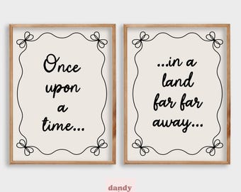 nursery art printable set of 2 | fairytale wall art for children&#39;s bedroom | reading | story book vintage style | neutral digital download