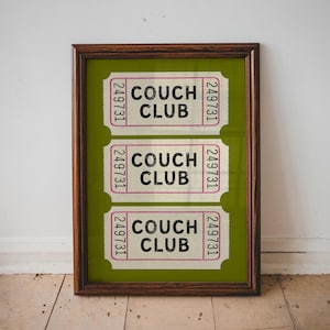 Póster de entrada para Couch Club: Impresión artística de pared para sala de estar retro verde (Descarga digital)