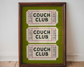 Couch Club Ticket Poster: Green Retro Living Room Wall Art Print (Digital Download)