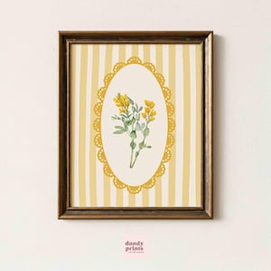 botanical print floral art, cottagecore vintage home decor, yellow printable instant downloadable farmhouse decor, striped wall art