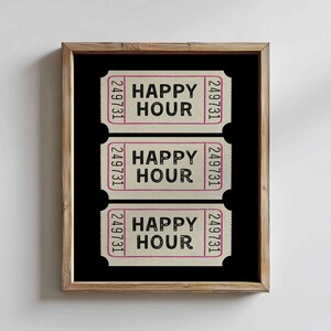 printable vintage ticket art | happy hour drinks poster | vintage ticket stub print | trendy wall art | vintage style decor | bar | pub
