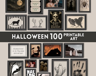 May include: A selection of framed Halloween art prints. The prints depict a full moon, a black cat, a skull, a spider, a witch, and a ghost. The text "Halloween 100 Printable Art" is displayed across the image.