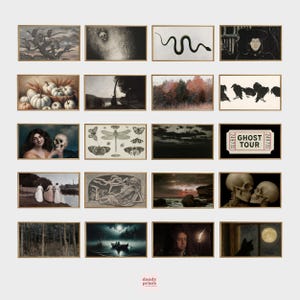 A digital mockup showing a framed art bundle titled “150 Halloween TV Art.” The artwork collection includes a variety of vintage and original Halloween-themed images, such as black cats, witches, skeletons, ghosts, haunted houses, creepy forests, pumpkins, skulls, and moody moonlit scenes. The art is displayed in a 16:9 landscape ratio, perfect for Samsung Art TV screens, with a vintage-inspired aesthetic. Perfect downloadable Halloween party decor.