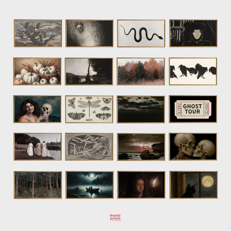 A digital mockup showing a framed art bundle titled “150 Halloween TV Art.” The artwork collection includes a variety of vintage and original Halloween-themed images, such as black cats, witches, skeletons, ghosts, haunted houses, creepy forests, pumpkins, skulls, and moody moonlit scenes. The art is displayed in a 16:9 landscape ratio, perfect for Samsung Art TV screens, with a vintage-inspired aesthetic. Perfect downloadable Halloween party decor.