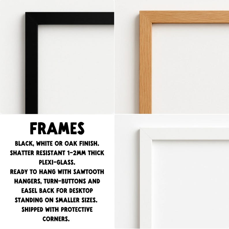 May include: A collection of picture frames in black, white, and oak finishes. The frames have shatter-resistant plexi-glass and are ready to hang with sawtooth hangers. The text on the image reads "FRAMES".
