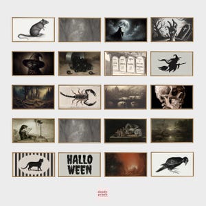 A digital mockup showing a framed art bundle titled “150 Halloween TV Art.” The artwork collection includes a variety of vintage and original Halloween-themed images, such as black cats, witches, skeletons, ghosts, haunted houses, creepy forests, pumpkins, skulls, and moody moonlit scenes. The art is displayed in a 16:9 landscape ratio, perfect for Samsung Art TV screens, with a vintage-inspired aesthetic. Perfect downloadable Halloween party decor.