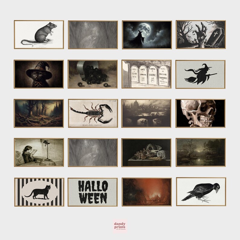 A digital mockup showing a framed art bundle titled “150 Halloween TV Art.” The artwork collection includes a variety of vintage and original Halloween-themed images, such as black cats, witches, skeletons, ghosts, haunted houses, creepy forests, pumpkins, skulls, and moody moonlit scenes. The art is displayed in a 16:9 landscape ratio, perfect for Samsung Art TV screens, with a vintage-inspired aesthetic. Perfect downloadable Halloween party decor.