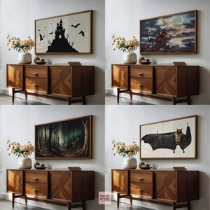 4 Halloween art frame TV images mocked up in an art TV in a living room on the wall above a sideboard with dried flowers and books on.