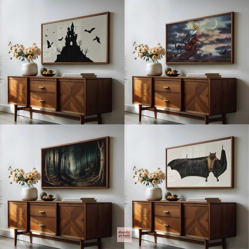 4 Halloween art frame TV images mocked up in an art TV in a living room on the wall above a sideboard with dried flowers and books on.