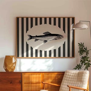 Retro Fish Print: Striped Monochrome Fisherman Art (Digital Download)