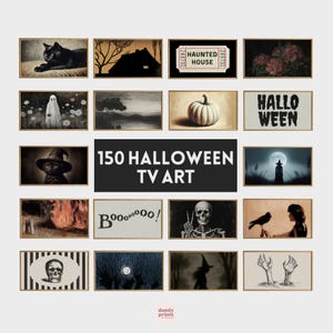 A digital mockup showing a framed art bundle titled “150 Halloween TV Art.” The artwork collection includes a variety of vintage and original Halloween-themed images, such as black cats, witches, skeletons, ghosts, haunted houses, creepy forests, pumpkins, skulls, and moody moonlit scenes. The art is displayed in a 16:9 landscape ratio, perfect for Samsung Art TV screens, with a vintage-inspired aesthetic. Perfect downloadable Halloween party decor.