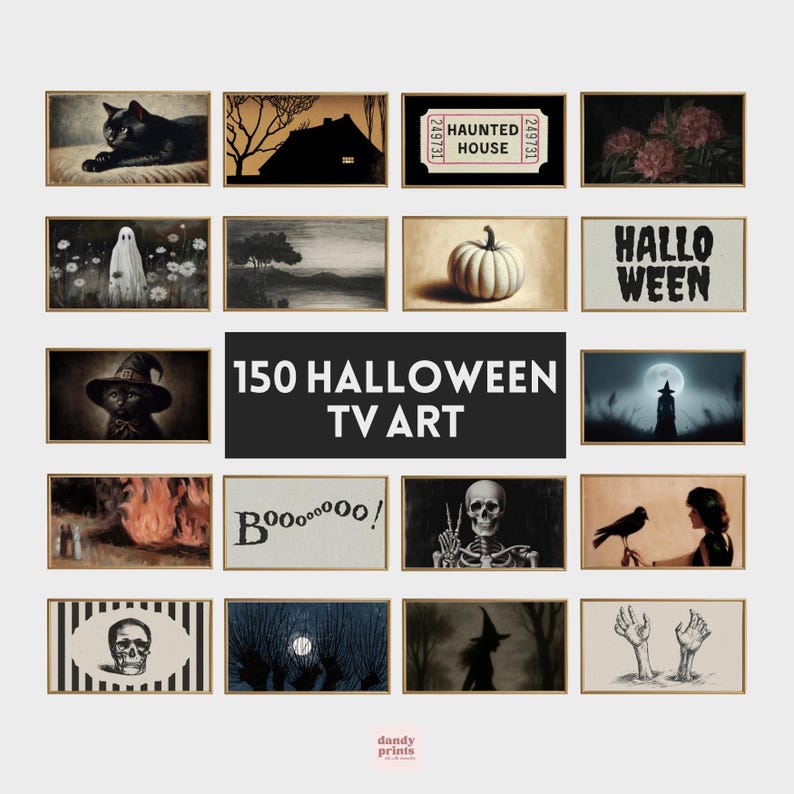 A digital mockup showing a framed art bundle titled “150 Halloween TV Art.” The artwork collection includes a variety of vintage and original Halloween-themed images, such as black cats, witches, skeletons, ghosts, haunted houses, creepy forests, pumpkins, skulls, and moody moonlit scenes. The art is displayed in a 16:9 landscape ratio, perfect for Samsung Art TV screens, with a vintage-inspired aesthetic. Perfect downloadable Halloween party decor.