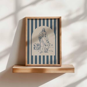 Christian Wall Art: Blue Striped Jesus and Lambs Poster Bible Print