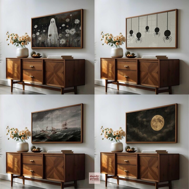 4 Halloween art frame TV images mocked up in an art TV in a living room on the wall above a sideboard with dried flowers and books on.