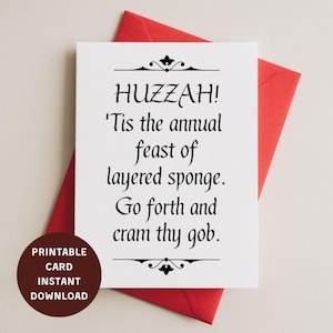grappige verjaardagskaart met envelop | AFDRUKBARE 4 x 6 instant download | Shakespeare-wenskaart | humoristisch historisch | taart