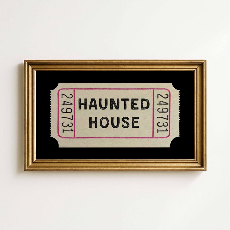 Halloween TV art featuring a cream vintage ticket stub on a black background. Inside the ticket it says HAUNTED HOUSE in black font. 16:9 ratio for Samsung art TV.