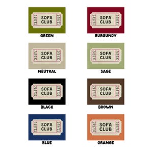 May include: A collection of eight rectangular tickets with rounded corners, each featuring the text "SOFA CLUB" and the number "249731". The tickets are displayed on backgrounds of various colors, including green, burgundy, neutral, sage, black, brown, blue, and orange.