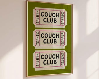 Couch Club Ticket Print: Fun Retro Living Room Wall Art (Printed and Shipped)