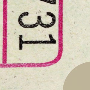 May include: Close-up of a postage stamp fragment. The stamp features the number "31" in black, set against a light background. A vibrant pink border frames the left side and bottom of the number.