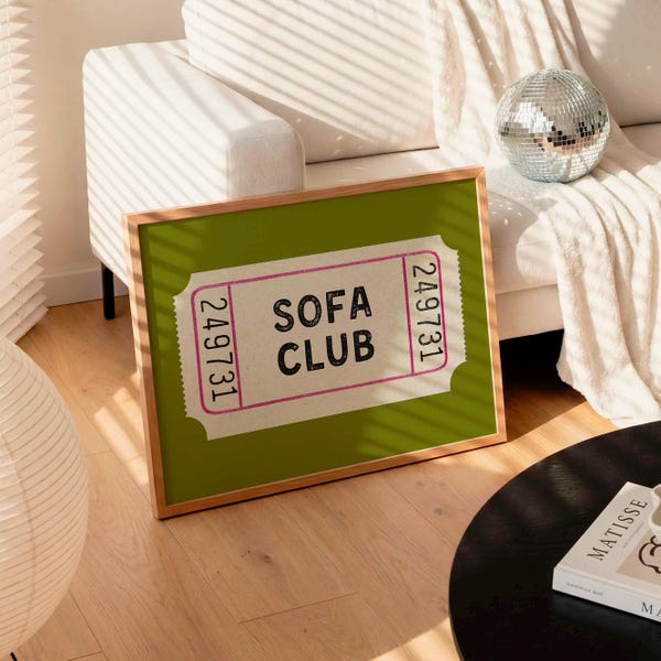Sofa Club Ticket Print: Green Retro Living Room Art (Printed and Shipped)