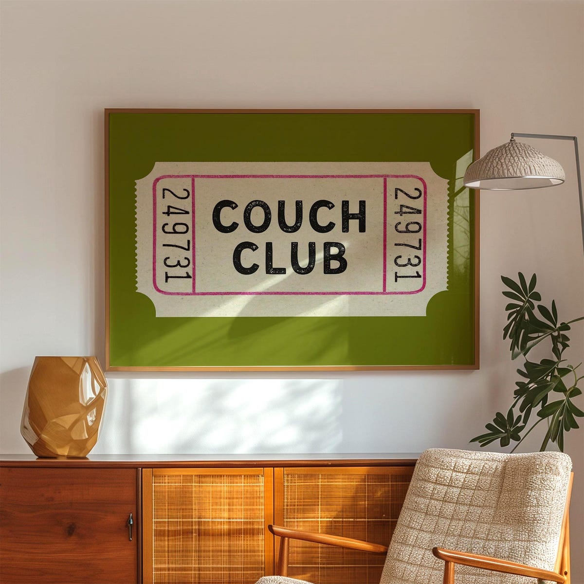 Couch Club Ticket Print: Retro Green Living Room Art (Digital Download)