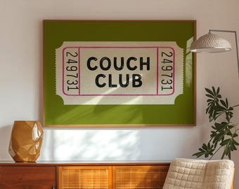 Couch Club Ticket Print: Retro Green Living Room Art (Digital Download)