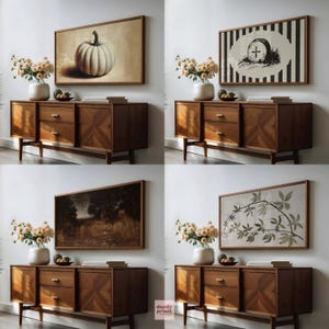 4 Halloween art frame TV images mocked up in an art TV in a living room on the wall above a sideboard with dried flowers and books on.
