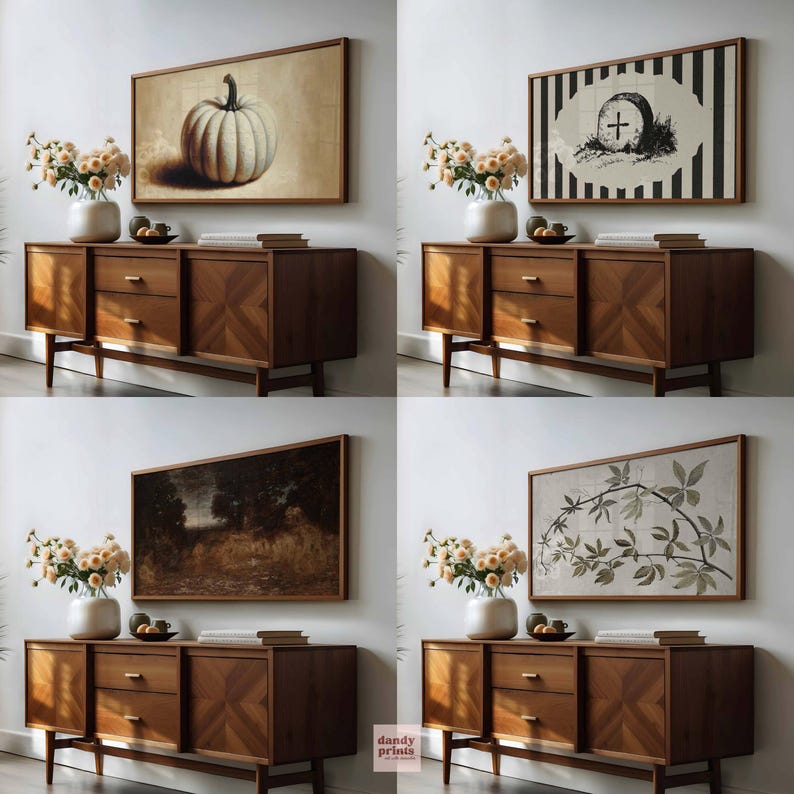 4 Halloween art frame TV images mocked up in an art TV in a living room on the wall above a sideboard with dried flowers and books on.