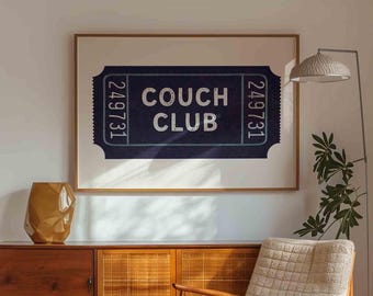 Retro Ticket Print: Couch Club Navy Blue Living Room Wall Art (Digital Download)