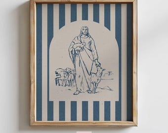 Jesus and Lambs Print: Navy Blue Retro Christian Art (Digital Download)