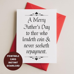 Cartão engraçado para o Dia dos Pais com envelope | IMPRIMÍVEL 4x6 download instantâneo | Saudação do banco do pai de Shakespeare | Presente histórico e bem-humorado para ele