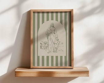 Jesus and Lambs Print: Sage Green Retro Christian Wall Art (Digital Download)