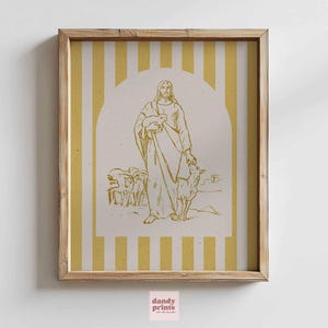 christian wall art, printable jesus and lambs print, modern christian art, striped bible wall decor, yellow christian poster