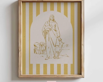 Jesus and Lambs Print: Christian Art, Yellow Decor (Digital Download)