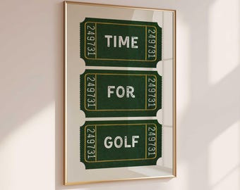 May include: A framed print with three green ticket designs. The text "TIME FOR GOLF" is displayed in white. Each ticket has the number "249731". The frame is gold-coloured.