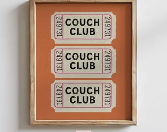 couch club ticket stub printable wall art | orange instant download | vintage ticket poster | living room prints | trendy housewarming gift