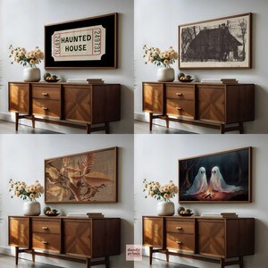 4 Halloween art frame TV images mocked up in an art TV in a living room on the wall above a sideboard with dried flowers and books on.