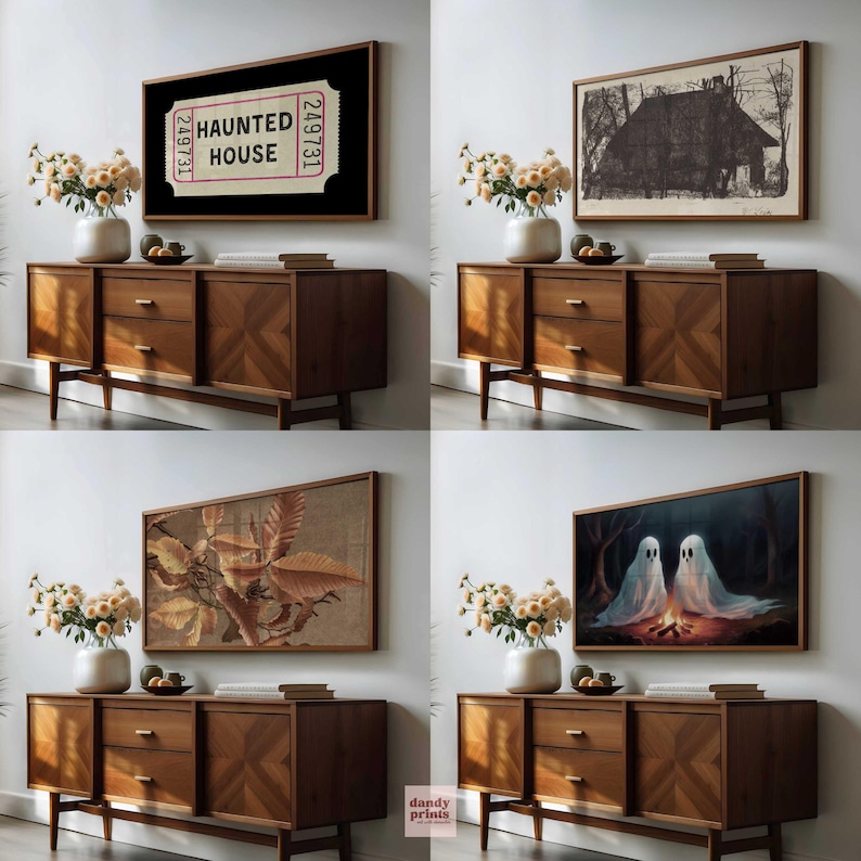 4 Halloween art frame TV images mocked up in an art TV in a living room on the wall above a sideboard with dried flowers and books on.