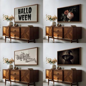 4 Halloween art frame TV images mocked up in an art TV in a living room on the wall above a sideboard with dried flowers and books on.