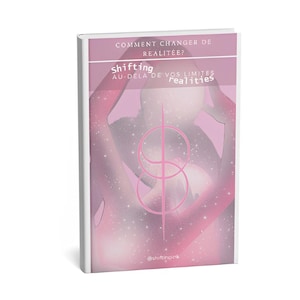 Może przedstawiać: Różowa i biała okładka książki z tytułem "shifting realities" i tekstem "Comment changer de realitee? Au-dela de vos limites" w języku francuskim. Okładka przedstawia abstrakcyjny wzór w kolorze różowym i białym z symbolem dwóch nakładających się na siebie kół.